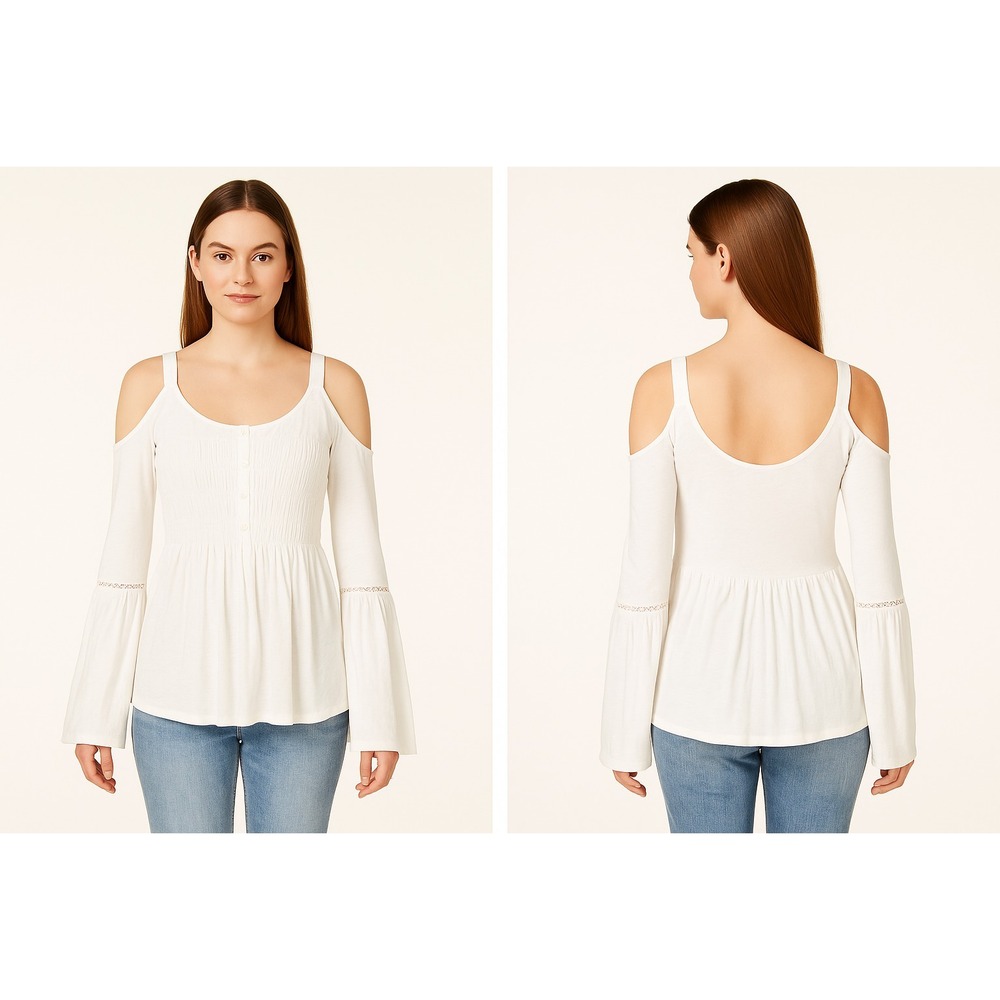 American Rag Juniors Cream Cold Shoulder Bell Sleeve Smocked Top Size S